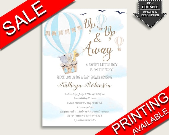 Hot Air Balloon Baby Shower Invitations Printable, Digital Or Printed Invitation Baby Shower Boy, Editable Invitation Blue White Baby CSXIS Il_570xn