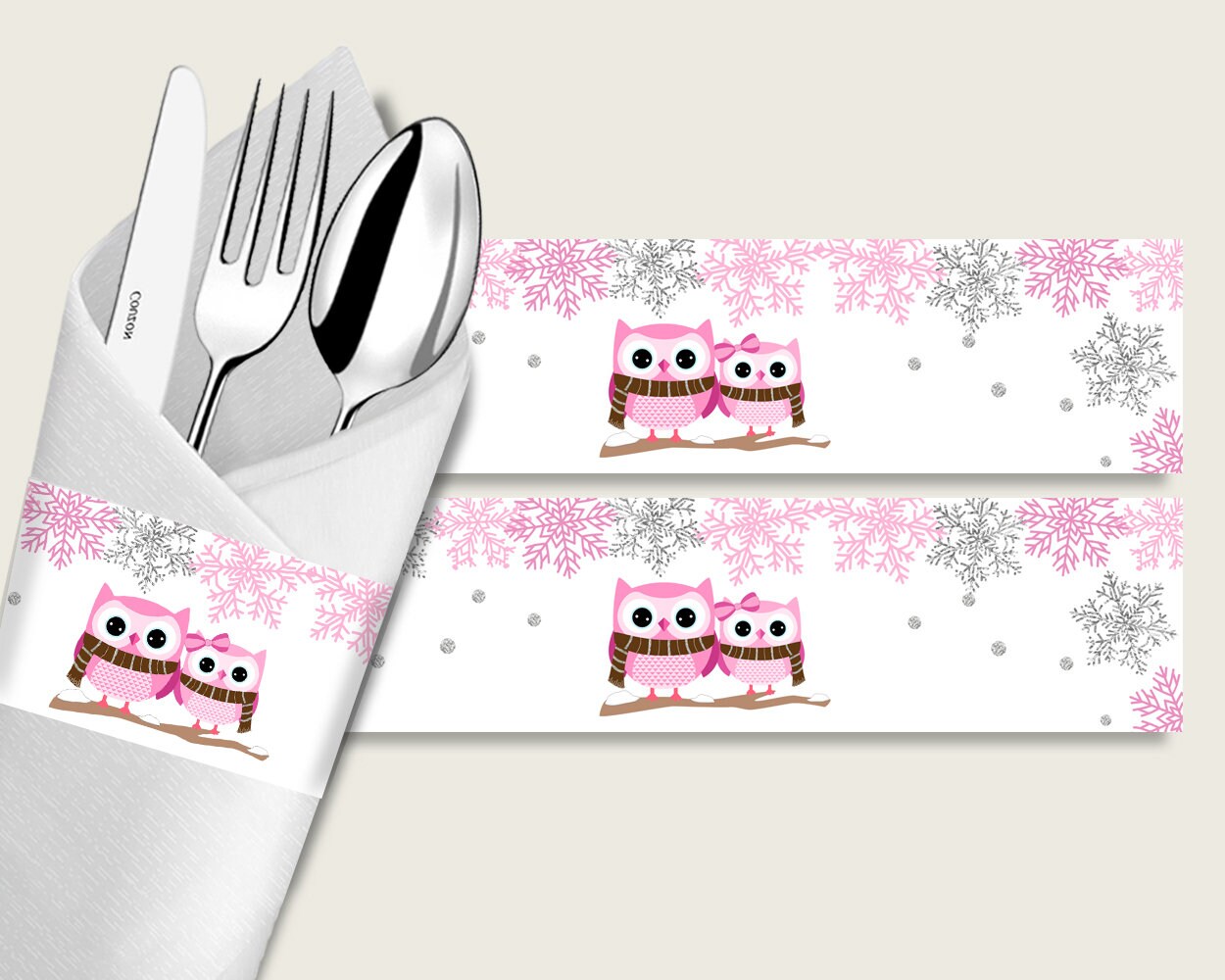 Winter Owl Baby Shower Napkin Rings Printable Pink Gray Napkin Wrappers Girl Shower Utensils Wrap Instant Download Night
