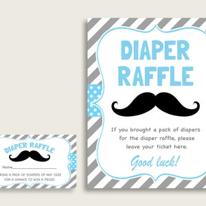 Schnurrbart Baby Shower Windel Tombola Tickets Spiel, Junge Blau Grau Windel Tombola Karte Einsatz und Zeichen druckbar, Sofort Download, 3.5x2", 9P2QW