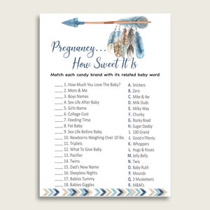 Blau Beige Schwangerschaft Wie süß es ist Spiel, Tribal Pfeile Baby Shower Boy, druckbare Candy Bar Match Spiel, Instant Download, QAQ18