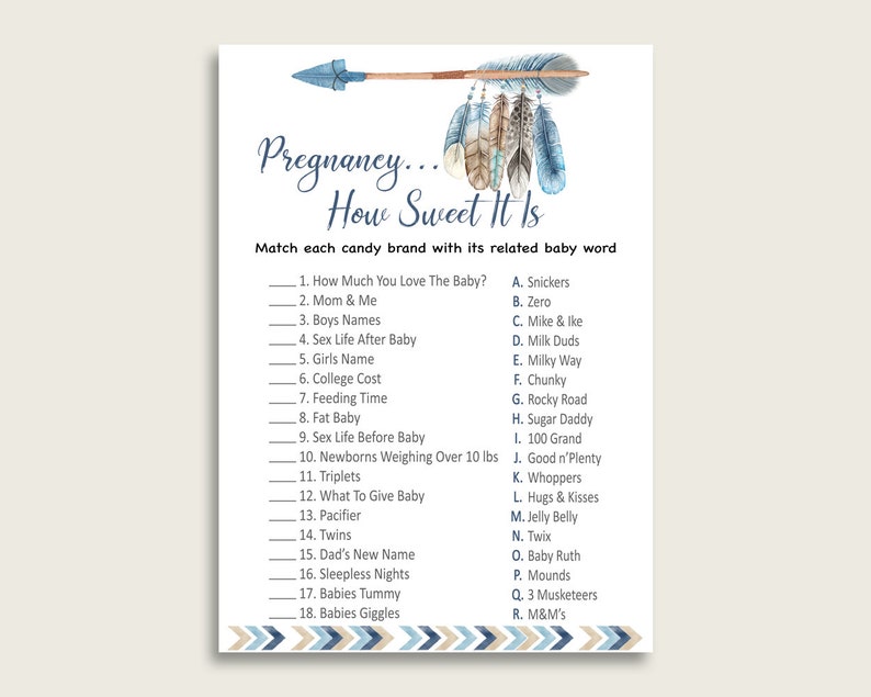 Blue Beige Pregnancy How Sweet It Is Game, Tribal Arrows Baby Shower Boy, Printable Candy Bar Match Game, Instant Download, QAQ18 image 1