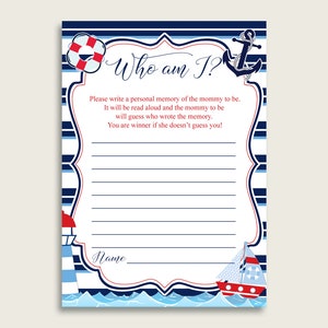 Nautical Who Am I Game Printable, Boy Baby Shower Memory With Mommy, Blue Red Baby Shower Activity, Instant Download, Lifesaver Boat DHTQT