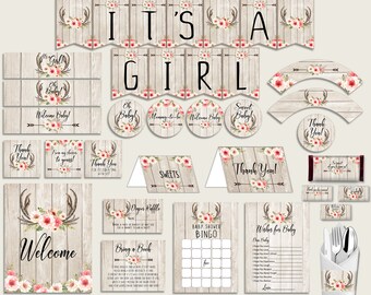 Beige Pink Baby Shower Decorations Girl Kit, Boho Antlers Baby Shower Party Package Printable, Instant Download, Rustic Wood 9PUAC