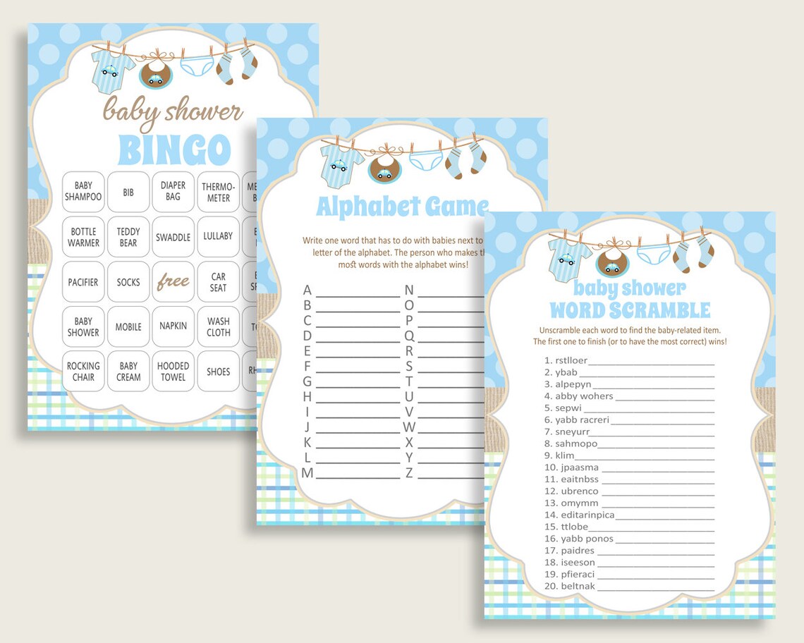 Clothes Baby Shower Games Printable Pack Blue Beige Baby | Etsy