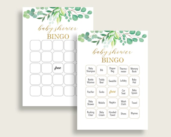 Greenery Baby Shower Bingo Cards Printable, Green Gold Baby Shower Gender Neutral, 60 Prefilled Bingo Game Cards, Botanical Floral Y8X33 Il_570xn