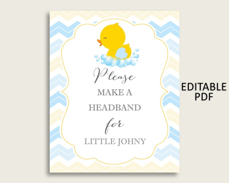 Rubber Duck Baby Shower Headband Sign, Yellow Blue Headband Station Sign Editable, Boy Shower Headband For Baby, Instant Download, rd002 image 1