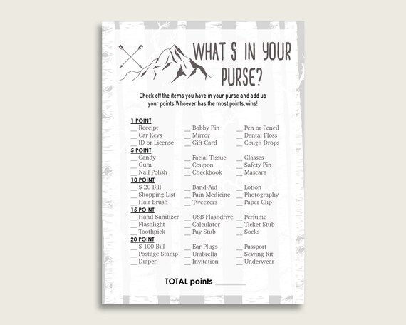 Adventure Mountain What's In Your Purse Game Printable, Gray White Whats In Your Purse, Boy Baby Shower Purse Game, Instant Download, S67CJ Il_570xn