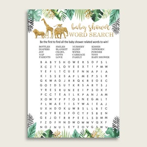 Jeu de recherche de mots de la jungle, cartes de recherche de mots de douche de bébé vert or imprimables, activités de douche de bébé neutres entre les sexes, mots cachés EJRED