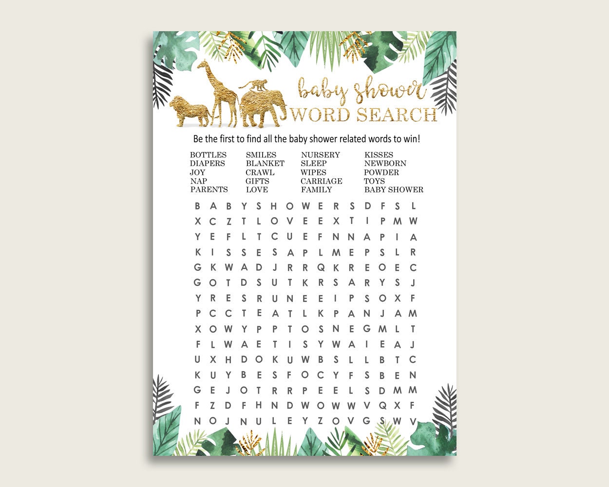 jungle word search game gold green baby shower word search