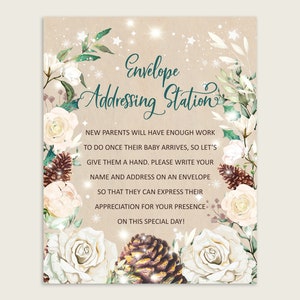 Please Write Your Name And Address On An Envelope, Beige Envelope Addressing Station Sign Printable, Winter Rustic Baby Shower Gender 3RBC2