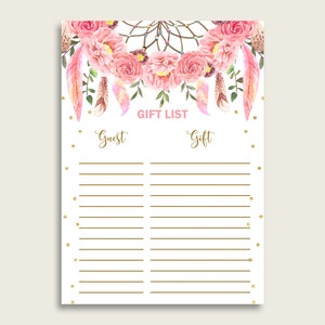 Dreamcatcher Baby Shower Gift List, Pink Gold Gift List Printable, Girl Baby Shower Gift Checklist Sheet, Instant Download, I60OO