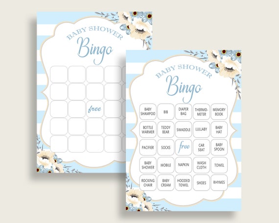 Stripes Baby Shower Bingo Cards Printable, Blue White Baby Shower Boy, 60 Prefilled Bingo Game Cards, Flowers Striped Classic Theme bs002 Il_570xn