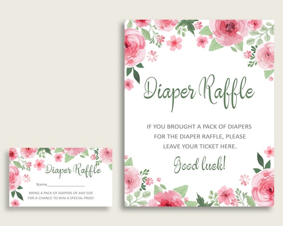 Watercolor Flowers Baby Shower Diaper Raffle Tickets Game, Girl Pink Green Diaper Raffle Card Insert and Sign Printable, Instant flp01