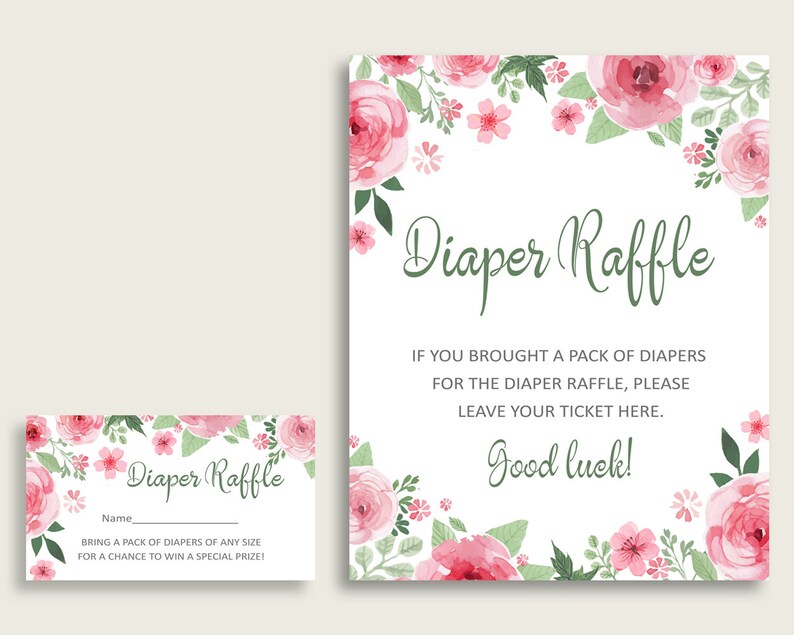 Puede incluir: Un cartel de rifa de pa&ntilde;ales con tem&aacute;tica floral rosa y verde, con el texto "Diaper Raffle" e instrucciones para que los invitados dejen su boleto si trajeron pa&ntilde;ales. El cartel tambi&eacute;n dice "&iexcl;Mucha suerte!"