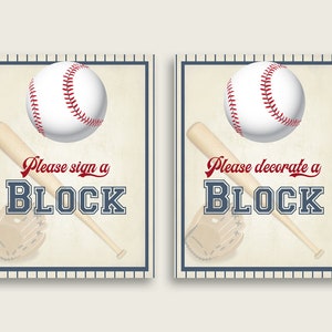 Könnte beinhalten: Zwei Schilder im Vintage-Stil zum Thema Baseball mit einem Baseball und einem Schläger. Das Schild links sagt "Bitte unterschreiben Sie einen BLOCK" und das Schild rechts sagt "Bitte dekorieren Sie einen BLOCK".