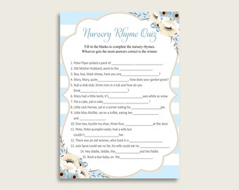 Stripes Nursery Rhyme Quiz Printable, Blue White Nursery Rhyme Game, Blue White Baby Shower Boy Activities, Instant Download, Striped bs002