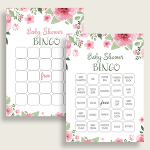 May include: Two pink floral baby shower bingo cards. The first card is blank and the second card has a list of baby items to mark off. The free space on the second card is marked with a pink circle.