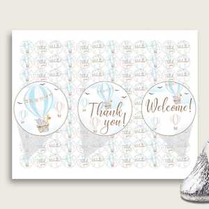 Hot Air Balloon Hershey Kisses Circle Printable, Blue White Hershey Kisses Labels Round Digital, Boy Baby Shower, Instant Download, CSXIS
