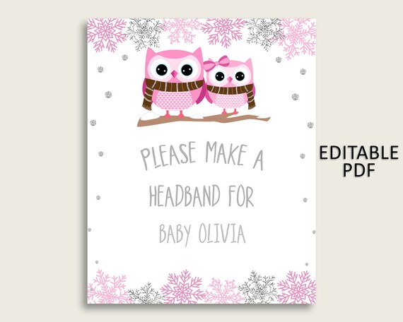 Winter Owl Baby Shower Headband Sign, Pink Gray Headband Station Sign Editable, Girl Shower Headband For Baby, Instant Download, owt01 Il_570xn