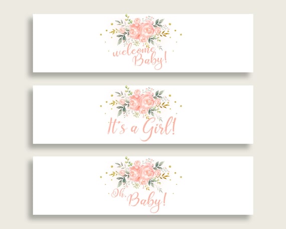 Pink Gold Water Bottle Labels Printable, Peach Floral Water Bottle Wraps, Peach Floral Baby Shower Girl Bottle Wrappers, Instant 1W00B Il_570xn