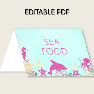 Under The Sea Folded Food Tent Cards Printable, Pink Green Editable Pdf Buffet Labels, Girl Baby Shower Food Place Cards, Instant uts01