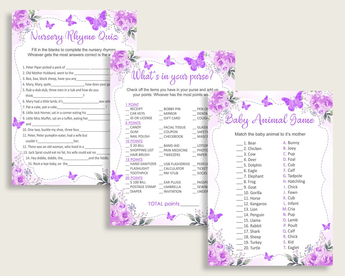Butterfly Baby Shower Games Printable Pack Purple White Baby Etsy