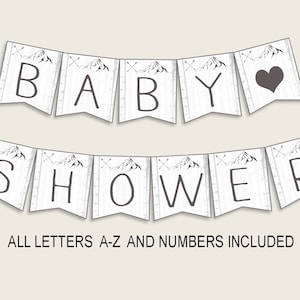 Adventure Mountain Baby Shower Banner All Letters, Birthday Party Banner Printable A-Z, Gray White Banner Decoration Letters Boy, S67CJ
