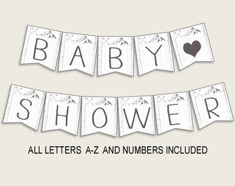 Adventure Mountain Baby Shower Banner All Letters, Birthday Party Banner Printable A-Z, Gray White Banner Decoration Letters Boy, S67CJ