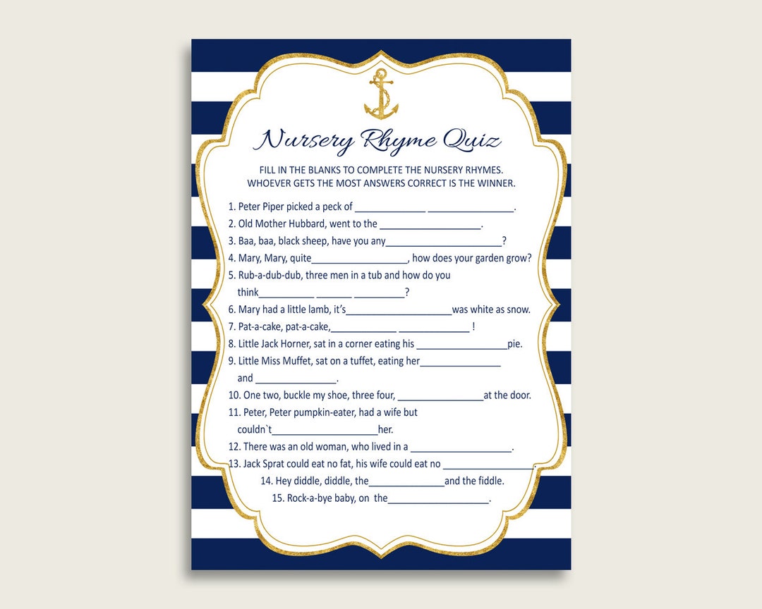 Anchor Nursery Rhyme Quiz Printable Blue Gold Nursery Rhyme Etsy