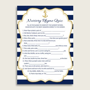 Anchor Nursery Rhyme Quiz Printable, Blue Gold Nursery Rhyme Game, Blue Gold Baby Shower Boy Activities, Instant Download, Sale Anchor NTDD8
