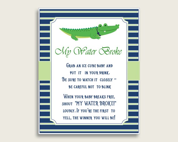 Alligator Baby Shower My Water Broke Game Printable Blue Green