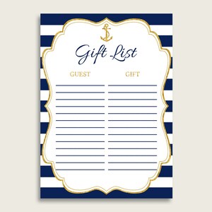 Anchor Baby Shower Gift List, Blue Gold Gift List Printable, Boy Baby Shower Gift Checklist Sheet, Instant Download, Gold Glitter NTDD8