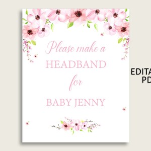 Flower Blush Baby Shower Headband Sign, Pink Green Headband Station Sign Editable, Girl Shower Headband For Baby, Instant Download, VH1KL