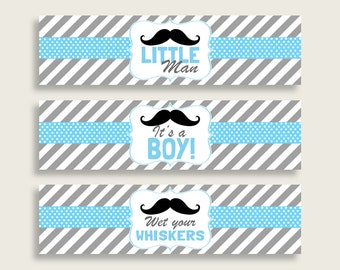 Blue Gray Water Bottle Labels Printable, Mustache Water Bottle Wraps, Mustache Baby Shower Boy Bottle Wrappers, Instant Download, 9P2QW