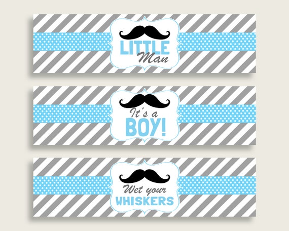 Blue Gray Water Bottle Labels Printable, Mustache Water Bottle Wraps, Mustache Baby Shower Boy Bottle Wrappers, Instant Download, 9P2QW Il_570xn