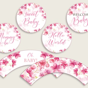Cherry Blossom Cupcake Toppers, Pink White Cupcake Wrappers, Toppers Wrappers Baby Shower Girl, Instant Download, Spring Flowers 5MQ8W