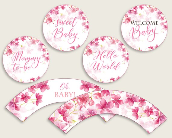 Cherry Blossom Cupcake Toppers, Pink White Cupcake Wrappers, Toppers Wrappers Baby Shower Girl, Instant Download, Spring Flowers 5MQ8W Il_570xn