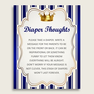 Royal Prince Baby Shower Fralda Pensamentos para impressão, menino azul dourado sinal de fralda tarde da noite, palavras para primeiras horas, escrever na mensagem de fralda rp001