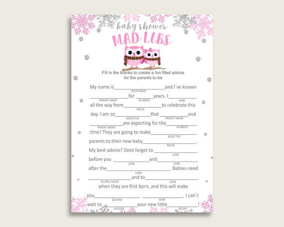 Pink Gray Mad Libs Baby Shower Girl Game Printable, Winter Owl Mad Libs ...