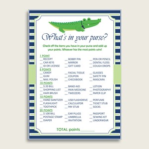 Alligator What&#39;s In Your Purse Game Printable, Blue Green Whats In Your Purse, Boy Baby Shower Purse Game, Instant Download, ap002