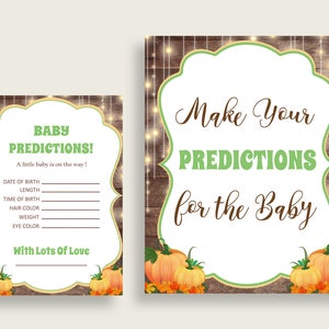 Cartes de prédiction de baby shower d’automne et signe imprimable, jeu de prédiction de bébé orange marron neutre en matière de genre, téléchargement instantané, le plus populaire 0QDR3