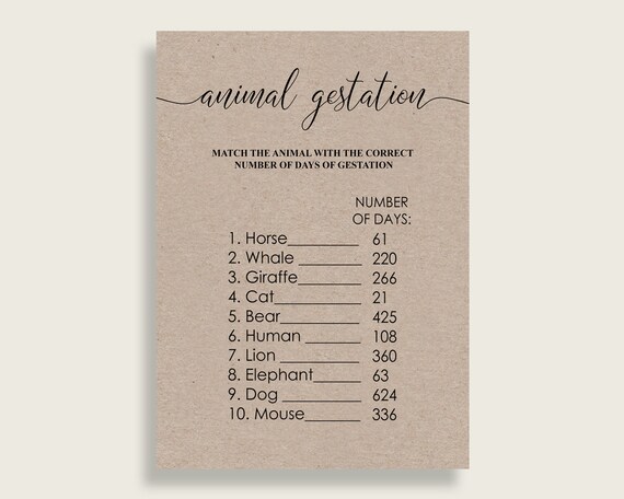 Animal Gestation Baby Shower Animal Gestation Kraft Baby Shower Animal Gestation Baby Shower Kraft Animal Gestation Brown Black unisex ZOVMD Il_570xn