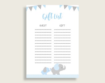 Elephant Baby Shower Gift List, Blue Grey Gift List Printable, Boy Baby Shower Gift Checklist Sheet, Instant Download, Most Popular ebl02