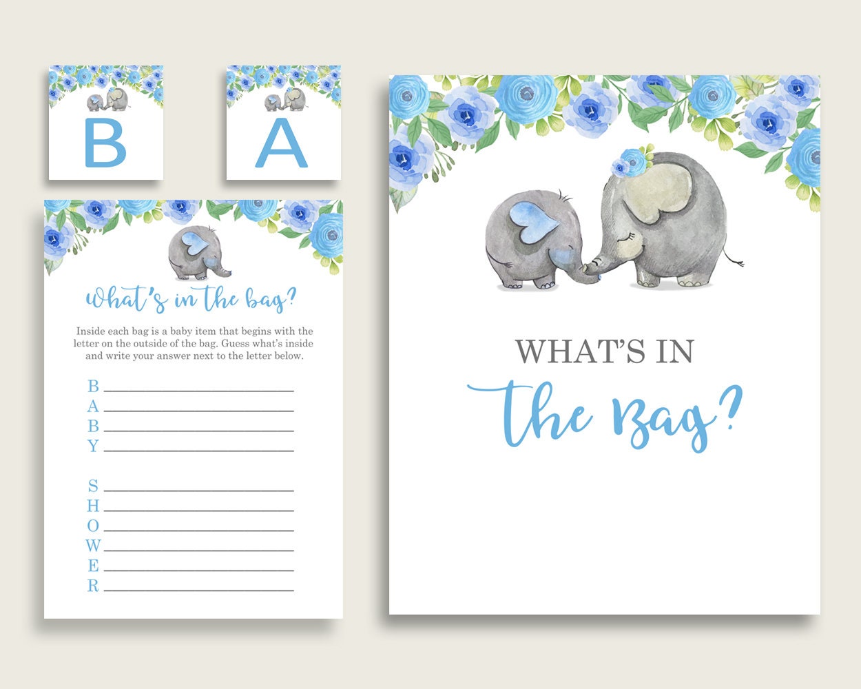 Elephant Baby Shower Games Printable Pack, Blue Grey Baby Shower Games –  Studio 118