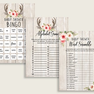 Boho Antlers Baby Shower Games Printable Pack, Beige Pink Baby Shower Games Package Girl, Boho Antlers Games Bundle Set, Instant 9PUAC image 2