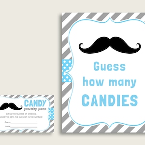 Blau Grau Candy Ratespiel, Schnurrbart Baby Shower Boy Zeichen und Karten, Raten Sie, wie viele Süßigkeiten, Candy Jar Spiel, Jelly Beans, Instant 9P2QW