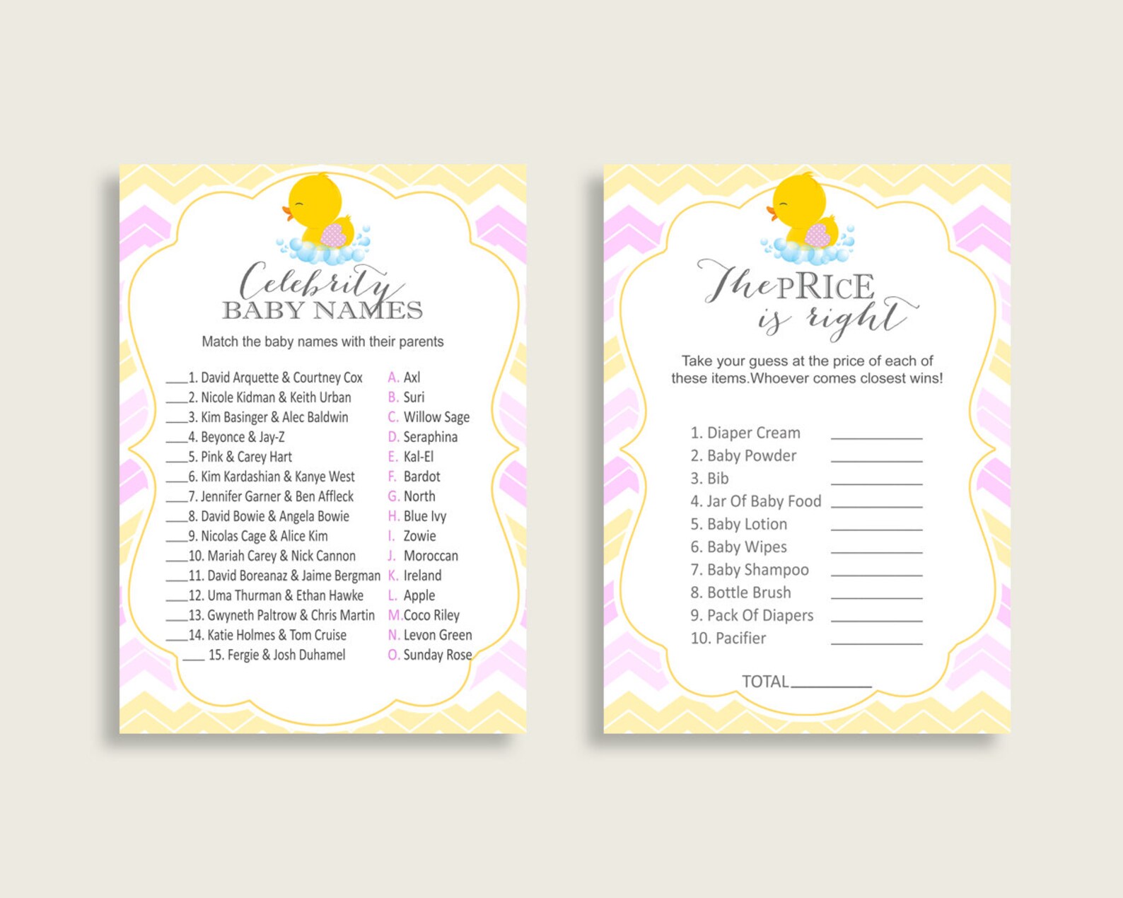 Rubber Ducky Baby Shower Games Printable Pack, Yellow Pink Baby Shower