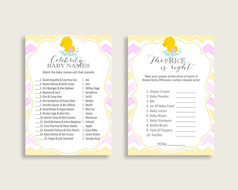 Rubber Ducky Baby Shower Games Printable Pack Yellow Pink | Etsy