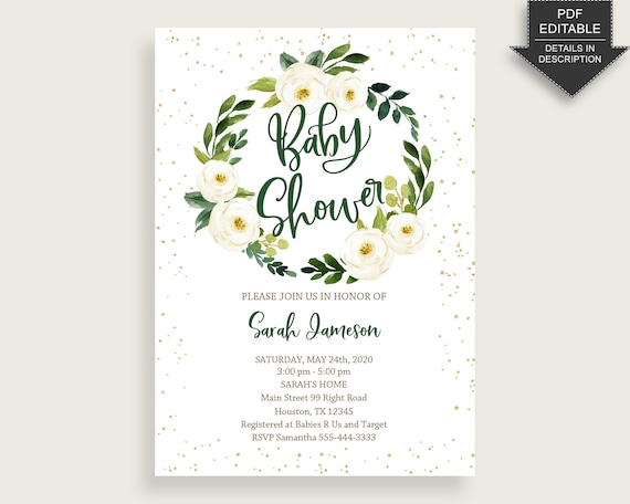 White Floral Baby Shower Invitation Printable, Digital or Printed