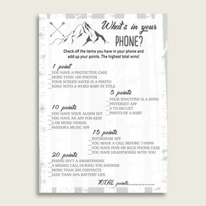 Grijs Wit Wat zit er in je telefoonspel, Adventure Mountain Baby Shower Boy, Wat zit er in je mobiele telefoon Afdrukbaar, Instant Download, S67CJ